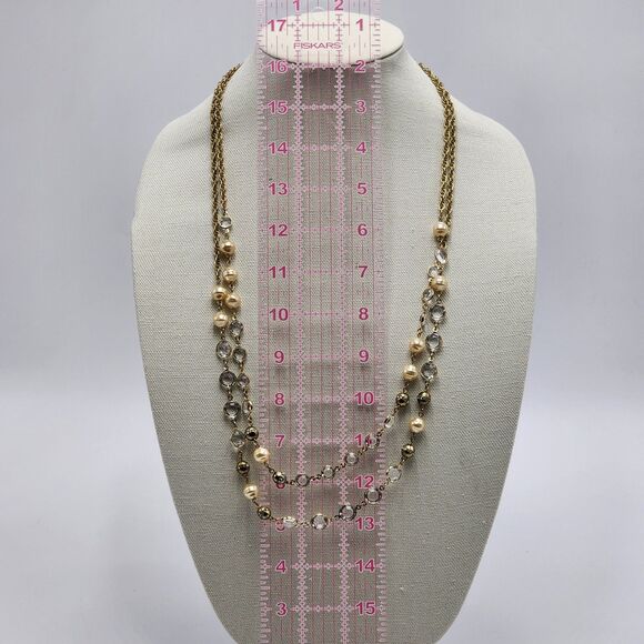 Ann Taylor Long Layered Pearl Clear Bead Gold Chain Necklace - Picture 4 of 4